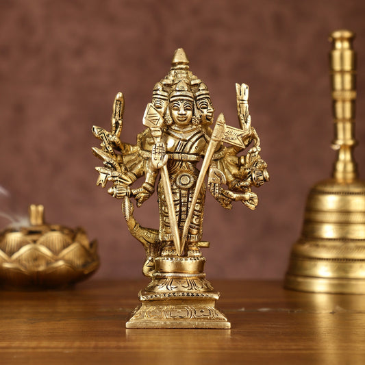 Brass Lord Shanmugar Murugan Kartikeya Standing with Peacock Idol | 6 Inch-0
