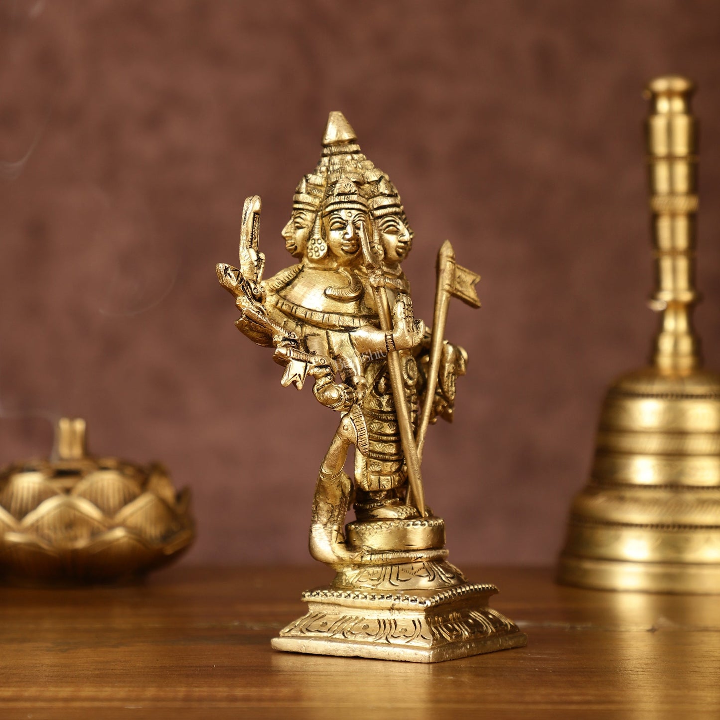 Brass Lord Shanmugar Murugan Kartikeya Standing with Peacock Idol | 6 Inch-3