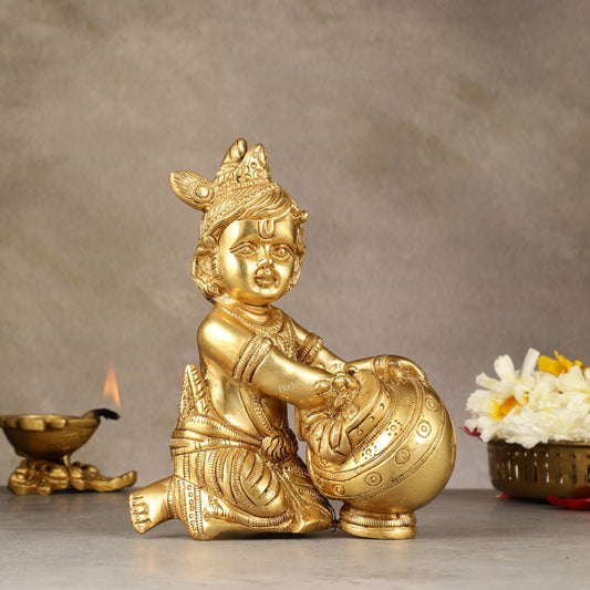 Pure Brass Baby Krishna Makhan chor idol 7"-0