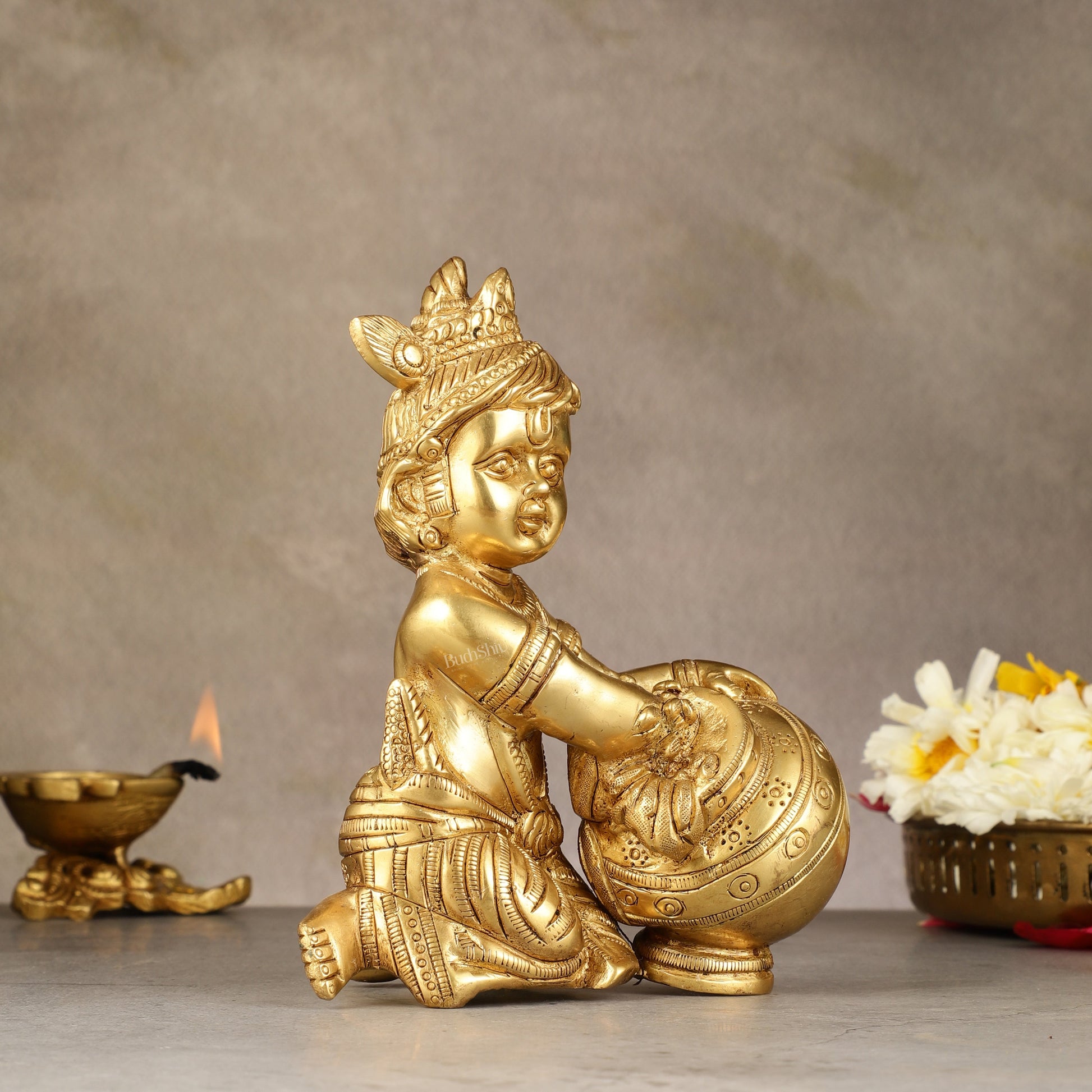 Pure Brass Baby Krishna Makhan chor idol 7"-4
