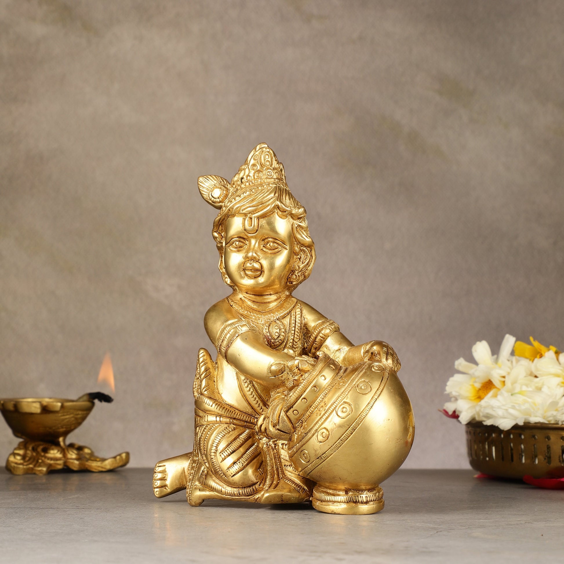 Pure Brass Baby Krishna Makhan chor idol 7"-2