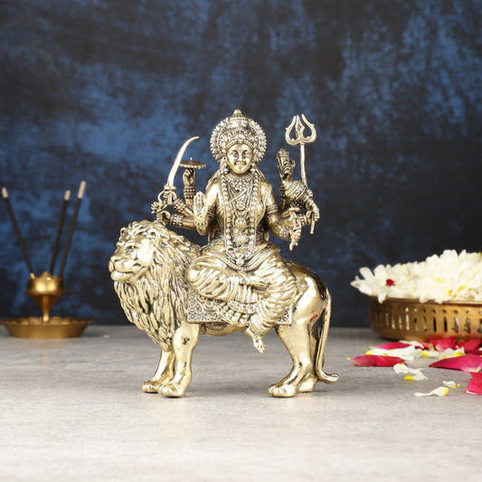 Intricate Lightweight Brass Goddess Durga Idol - 6-inch-0