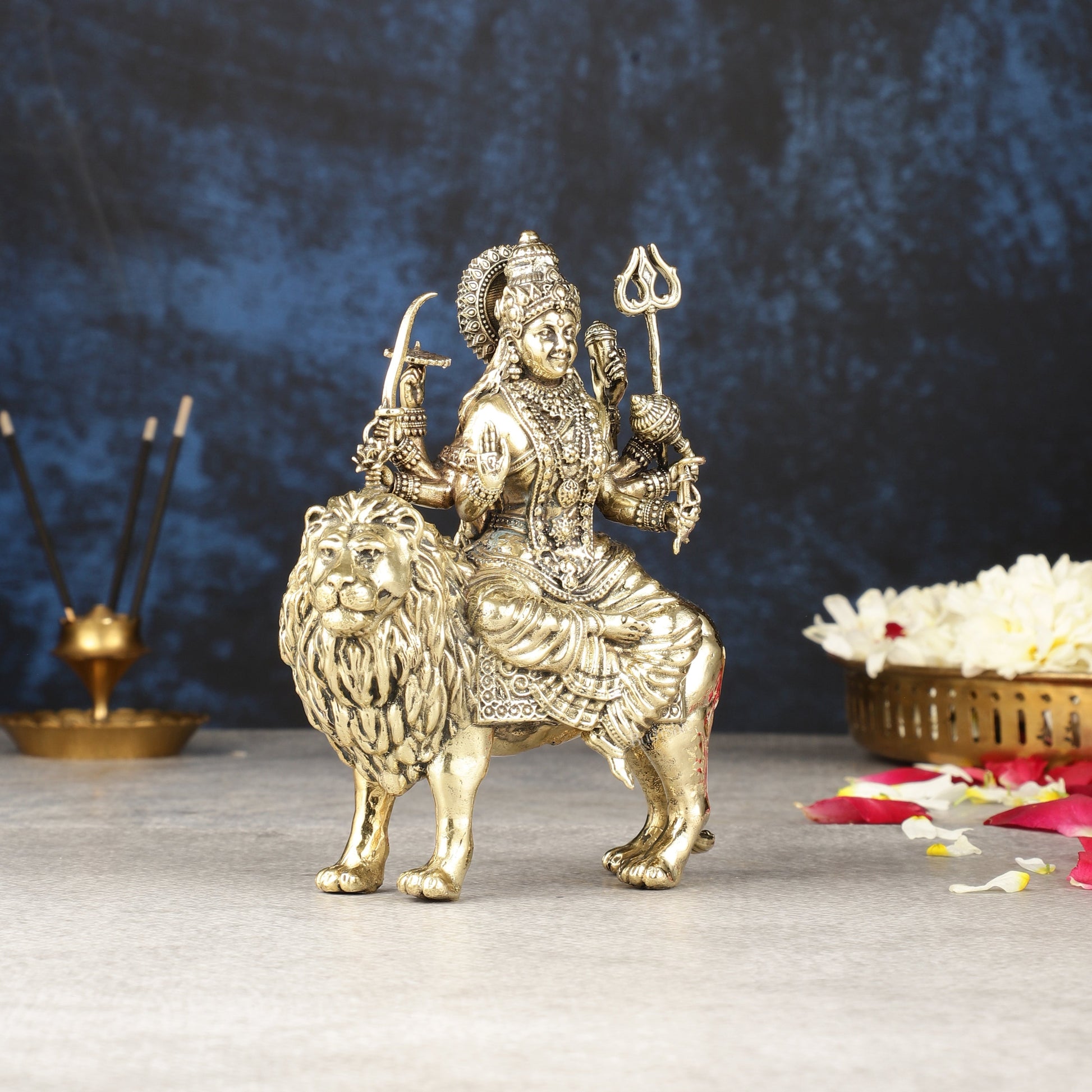 Intricate Lightweight Brass Goddess Durga Idol - 6-inch-4