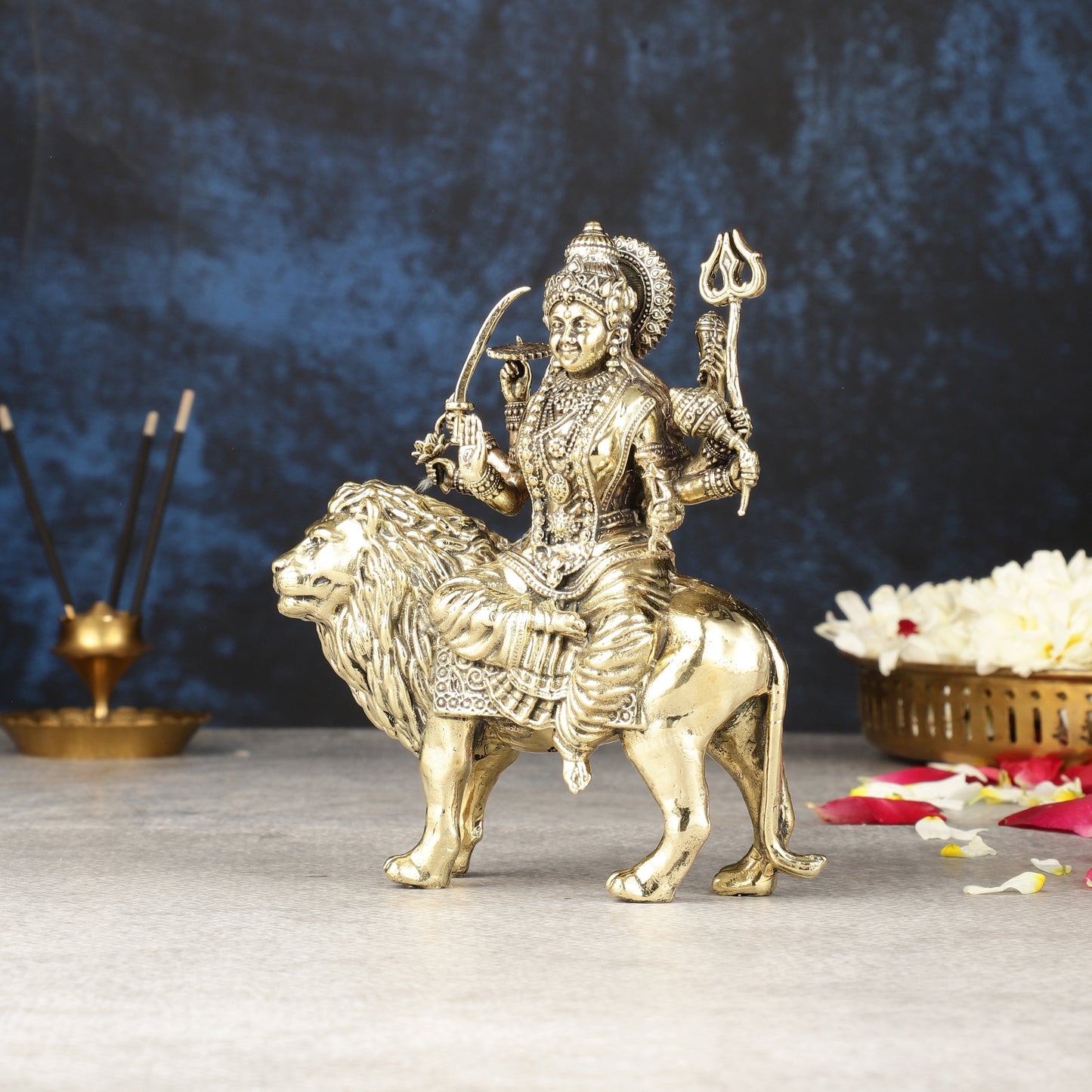 Intricate Lightweight Brass Goddess Durga Idol - 6-inch-2
