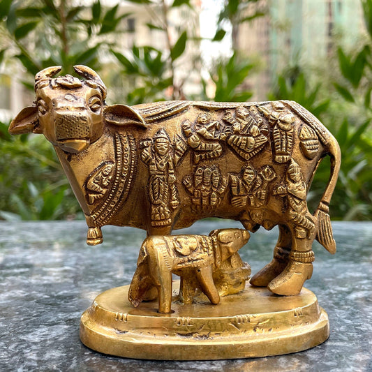 Brass Kamdhenu Cow with Calf idol |Kamdhenu Cow with Calf Statue for Good Luck|Kamdhenu Cow Idol with Gods Printed Design-0