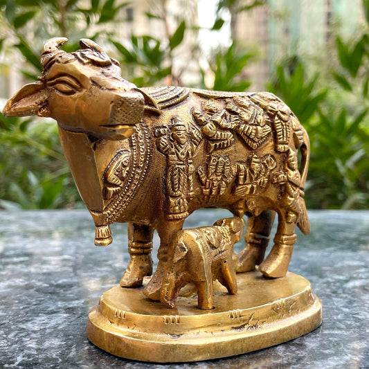 Brass Kamdhenu Cow with Calf idol |Kamdhenu Cow with Calf Statue for Good Luck|Kamdhenu Cow Idol with Gods Printed Design-1
