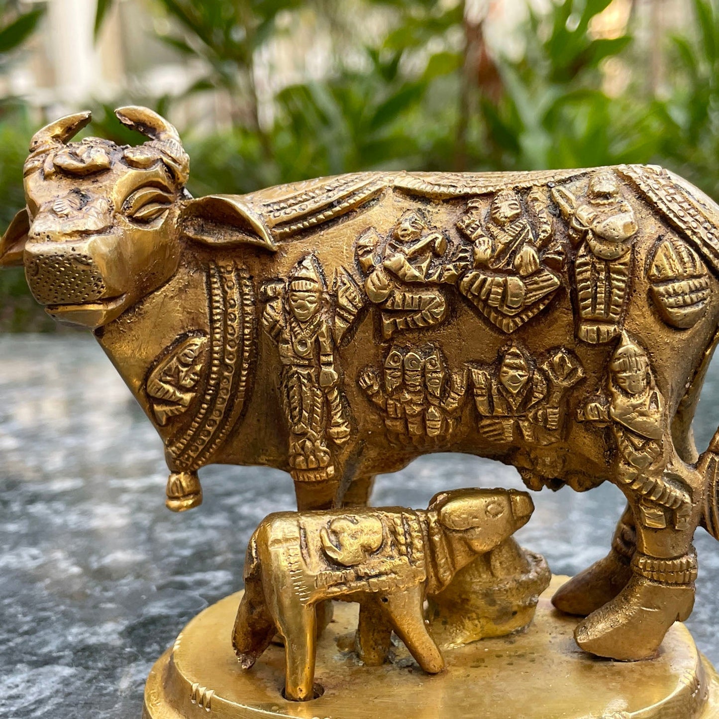 Brass Kamdhenu Cow with Calf idol |Kamdhenu Cow with Calf Statue for Good Luck|Kamdhenu Cow Idol with Gods Printed Design-2