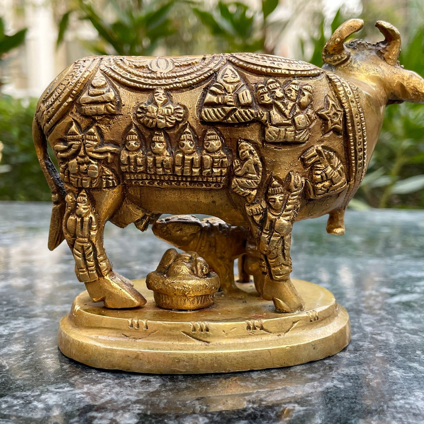Brass Kamdhenu Cow with Calf idol |Kamdhenu Cow with Calf Statue for Good Luck|Kamdhenu Cow Idol with Gods Printed Design-3