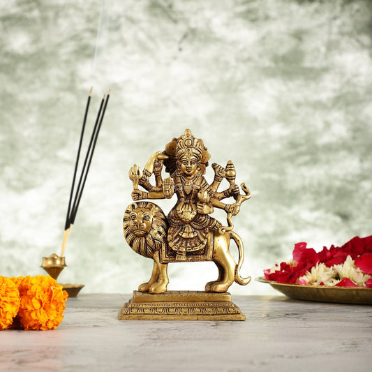 Brass Durga Ma Sherawali Idol - 7 Inch-0