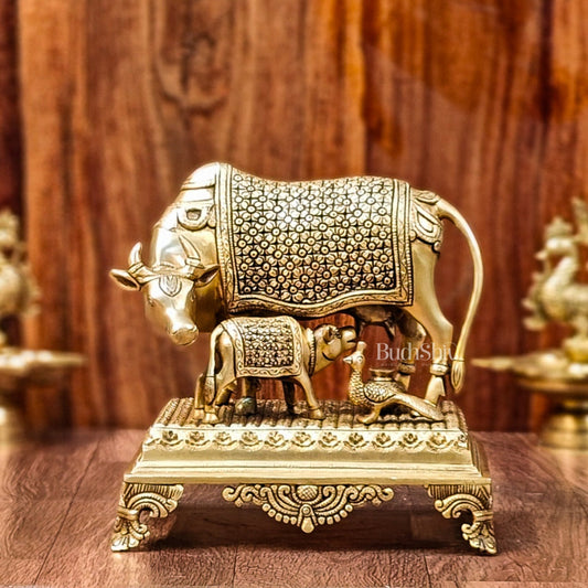 Brass Kaamdhenu cow and calf idol| 10"-0