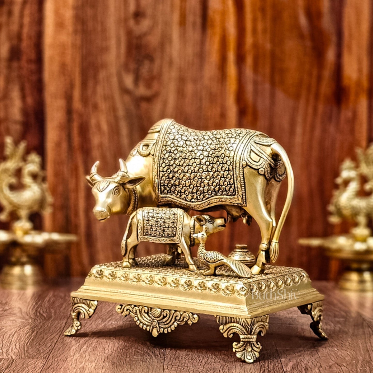 Brass Kaamdhenu cow and calf idol| 10"-2
