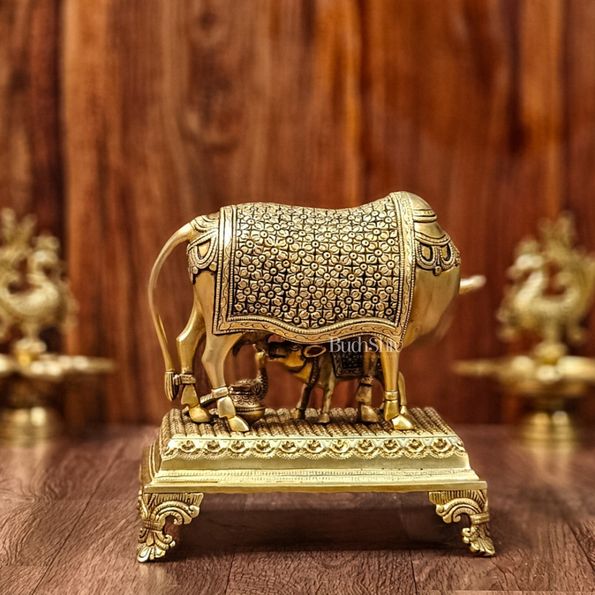 Brass Kaamdhenu cow and calf idol| 10"-3