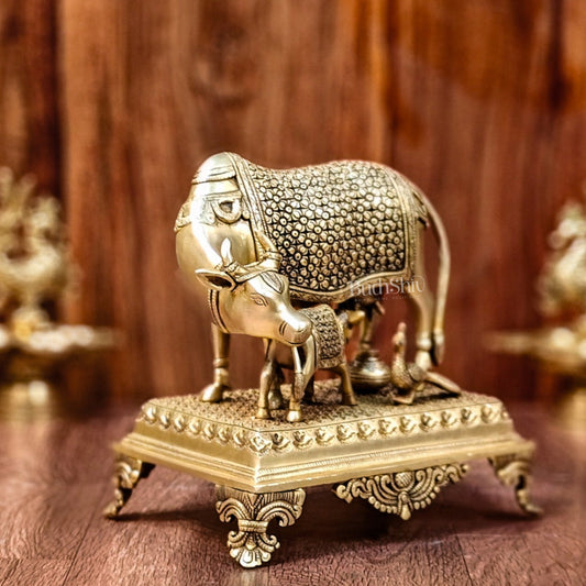 Brass Kaamdhenu cow and calf idol| 10"-1