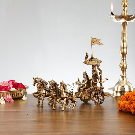 Divine 9.5 Inch Brass Geeta Updesh Krishna and Arjun Rath Idol-0